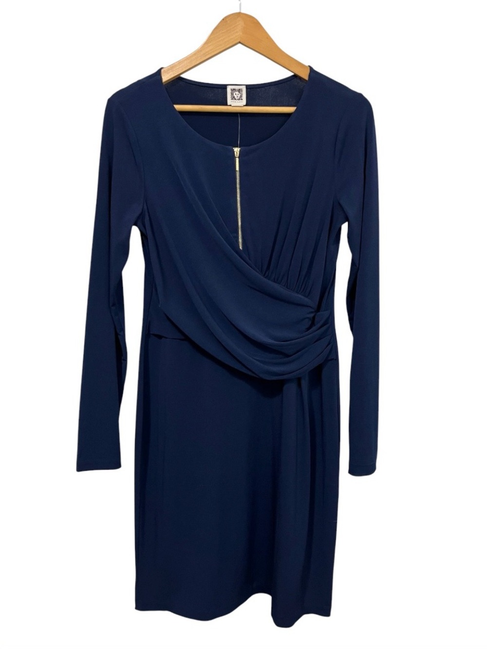 NWT Anne Klein Navy Long-Sleeve Draped Faux Wrap Twist Front Dress with Zip
